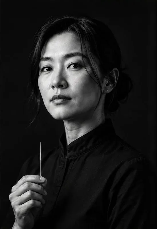 Jiwon Park, TCM Expertin, Schwarzweiss-Porträt mit Akupunkturnadel